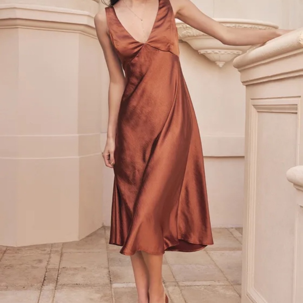 LuLu’s Satin Midi dress in gold/brown